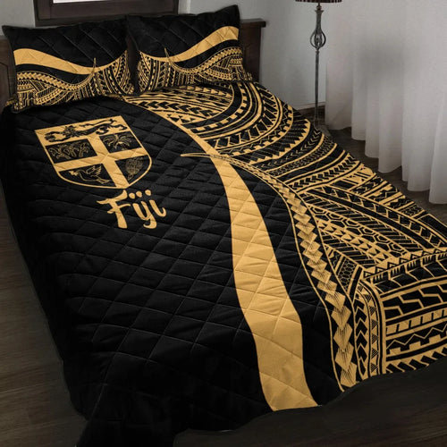 Fiji Quilt Bed Set - Gold Polynesian Tentacle Tribal Pattern