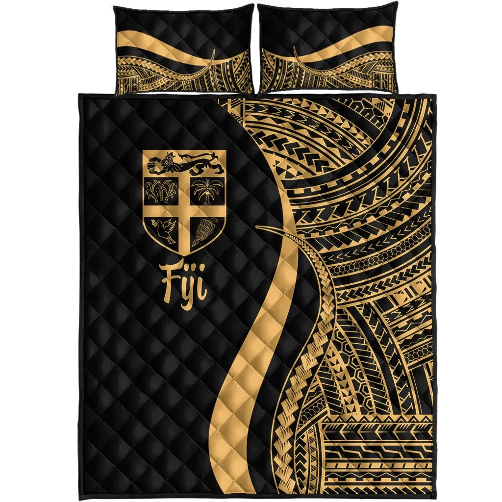 Fiji Quilt Bed Set - Gold Polynesian Tentacle Tribal Pattern