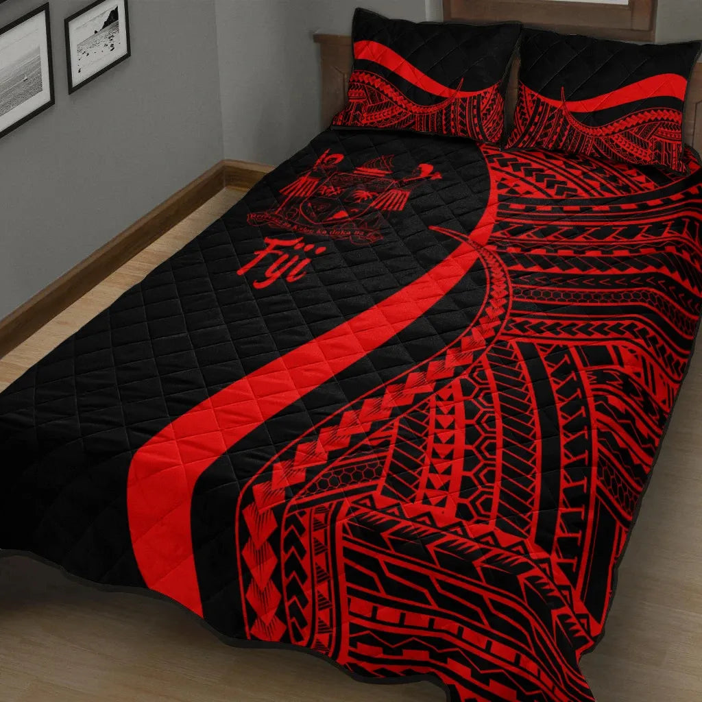 Fiji Quilt Bed Set - Red Polynesian Tentacle Tribal Pattern Crest