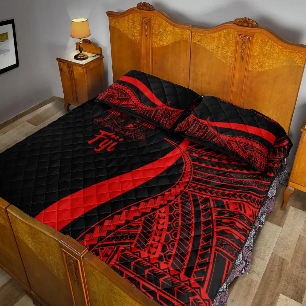 Fiji Quilt Bed Set - Red Polynesian Tentacle Tribal Pattern Crest