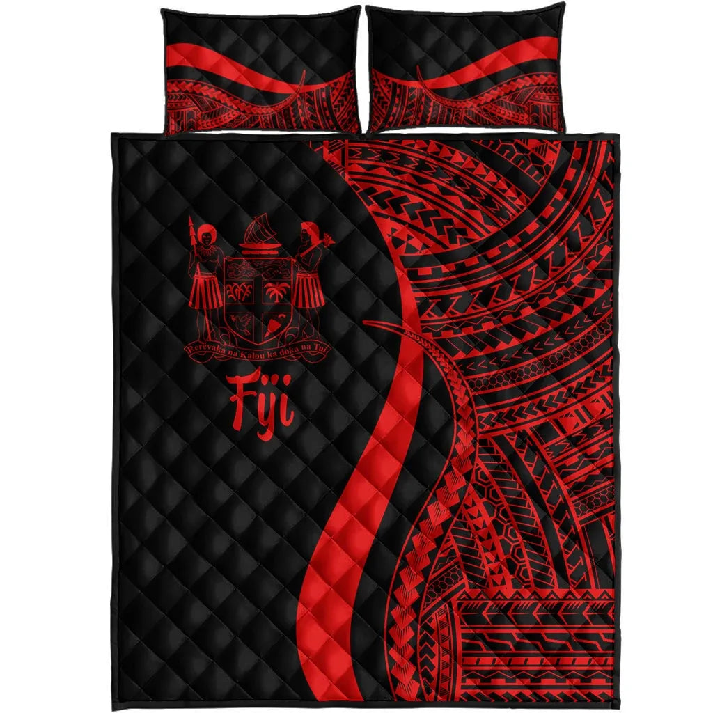 Fiji Quilt Bed Set - Red Polynesian Tentacle Tribal Pattern Crest