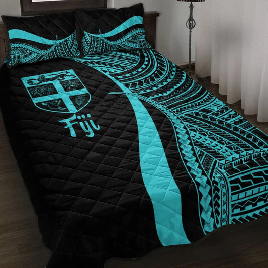 Fiji Quilt Bed Set - Turquoise Polynesian Tentacle Tribal Pattern