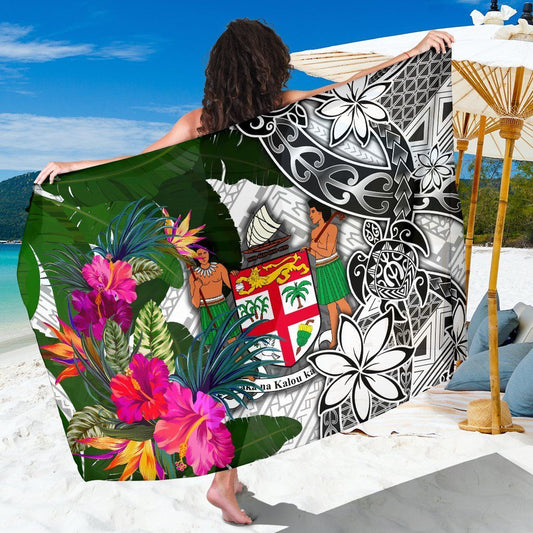 Fiji Sarong White - Turtle Plumeria Banana Leaf Crest