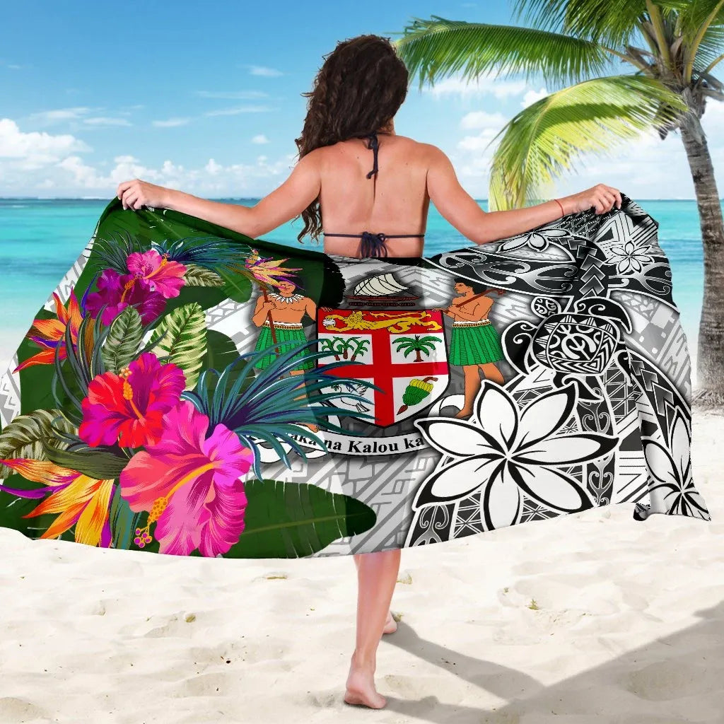 Fiji Sarong White - Turtle Plumeria Banana Leaf Crest