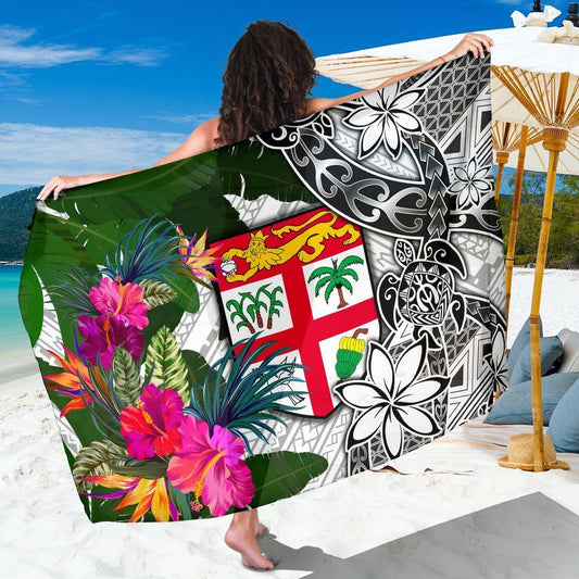 Fiji Sarong White - Turtle Plumeria Banana Leaf