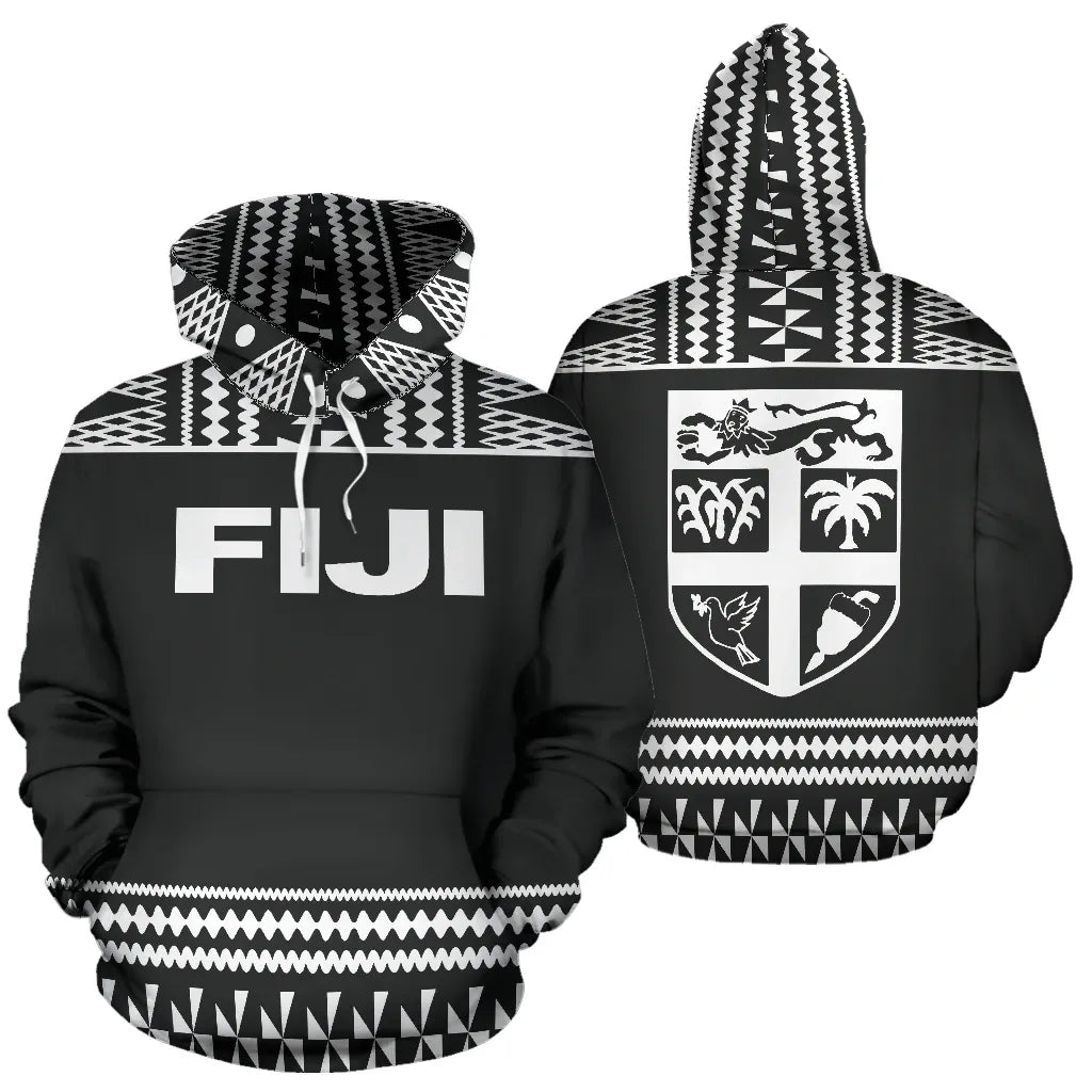 Fiji Tapa All Over Hoodie - Black And White Version