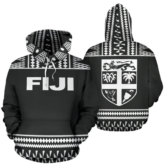 Fiji Tapa All Over Hoodie - Black And White Version