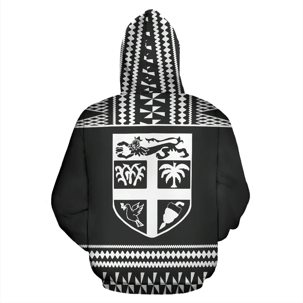 Fiji Tapa All Over Hoodie - Black And White Version