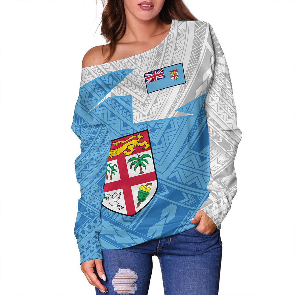 Fiji Off Shoulder Sweatshirt Polynesian Tattoo Flag And Coat Of Arms