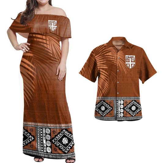 Fiji Combo Dress And Shirt Coat Of Arms Bula Special Fabric Leaves Brown
