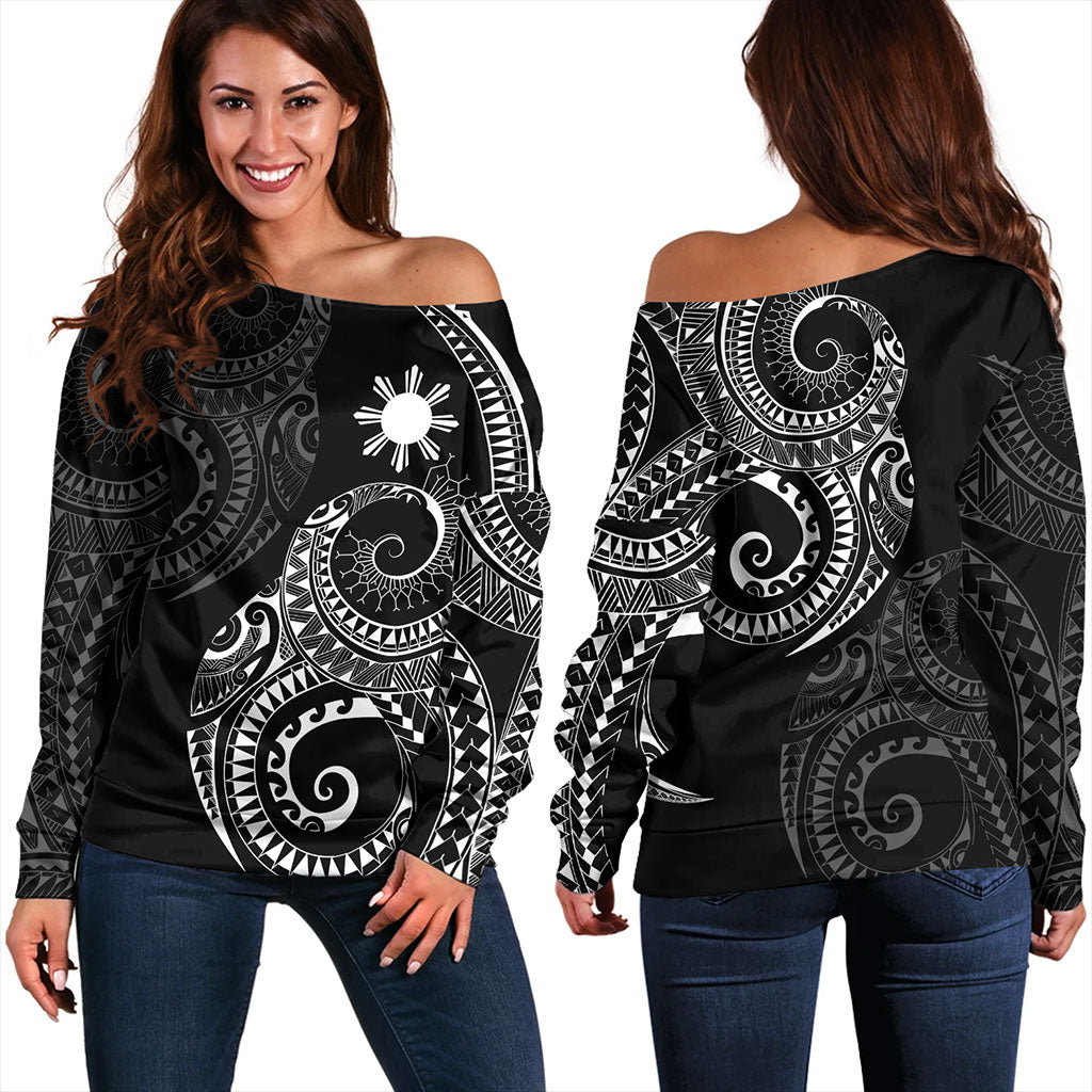 Philippines Filipinos Off Shoulder Sweatshirt Sun Tribal Tattoo Design