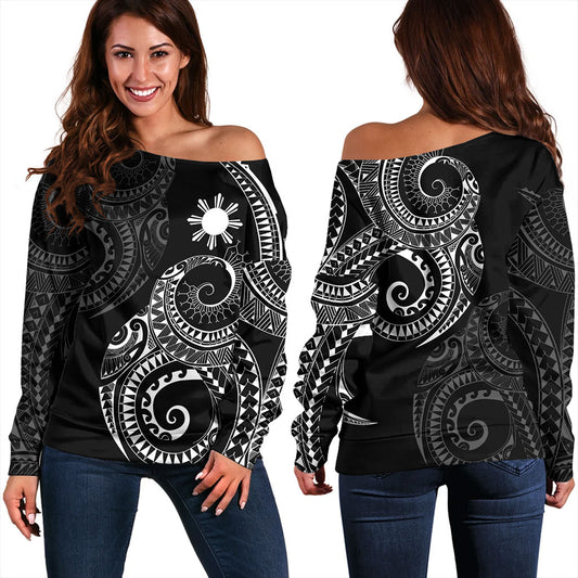Philippines Filipinos Off Shoulder Sweatshirt Sun Tribal Tattoo Design