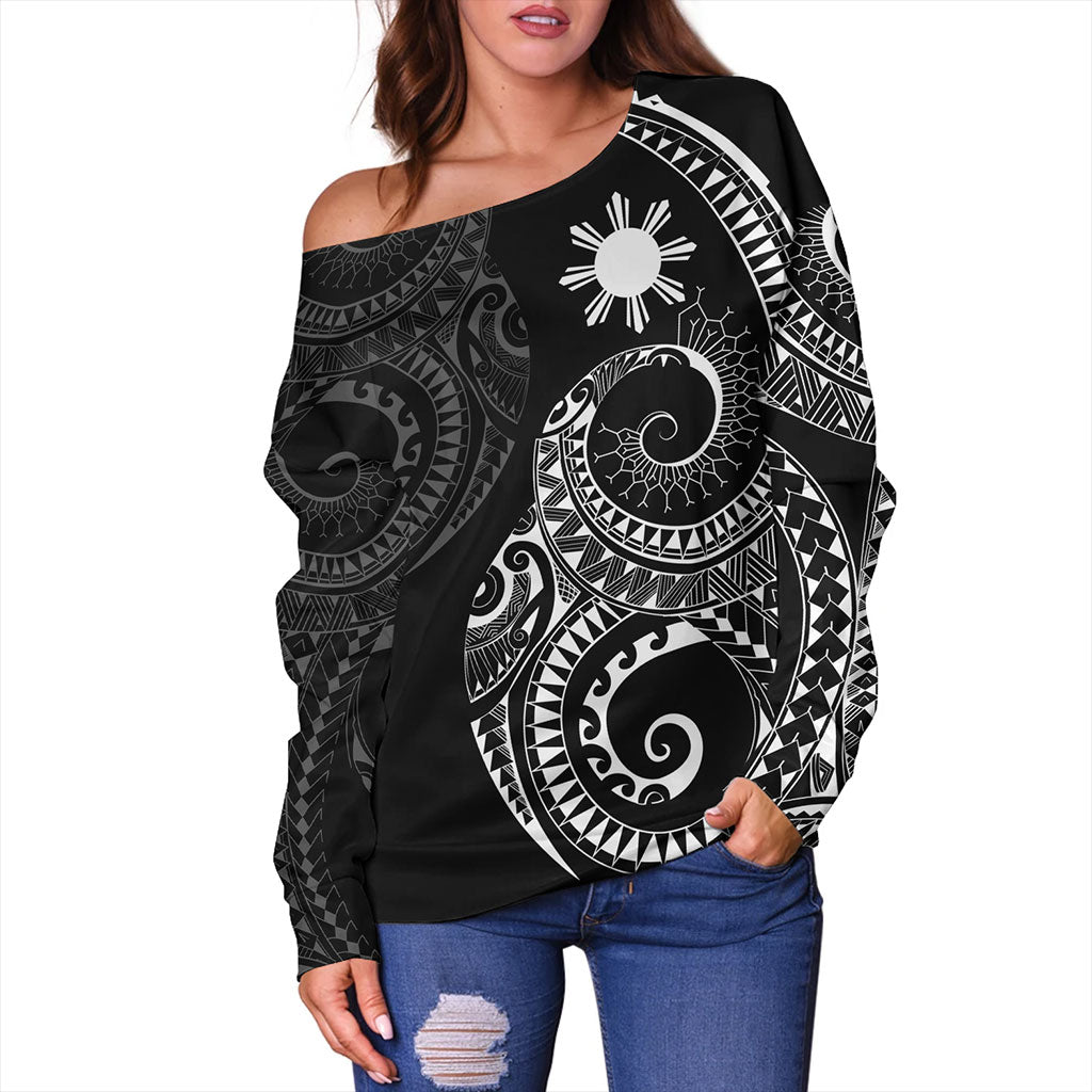 Philippines Filipinos Off Shoulder Sweatshirt Sun Tribal Tattoo Design