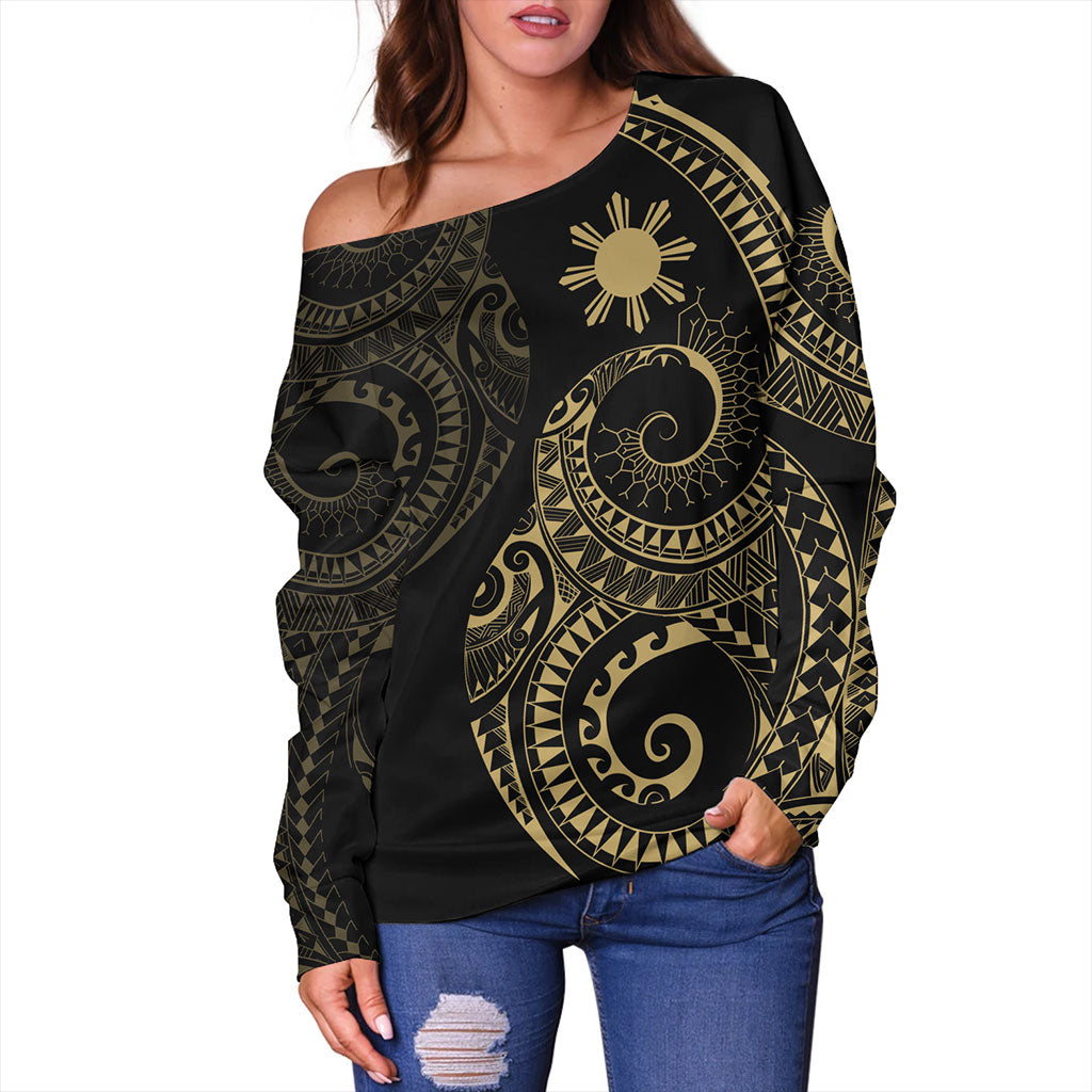 Philippines Filipinos Off Shoulder Sweatshirt Sun Tribal Tattoo Design