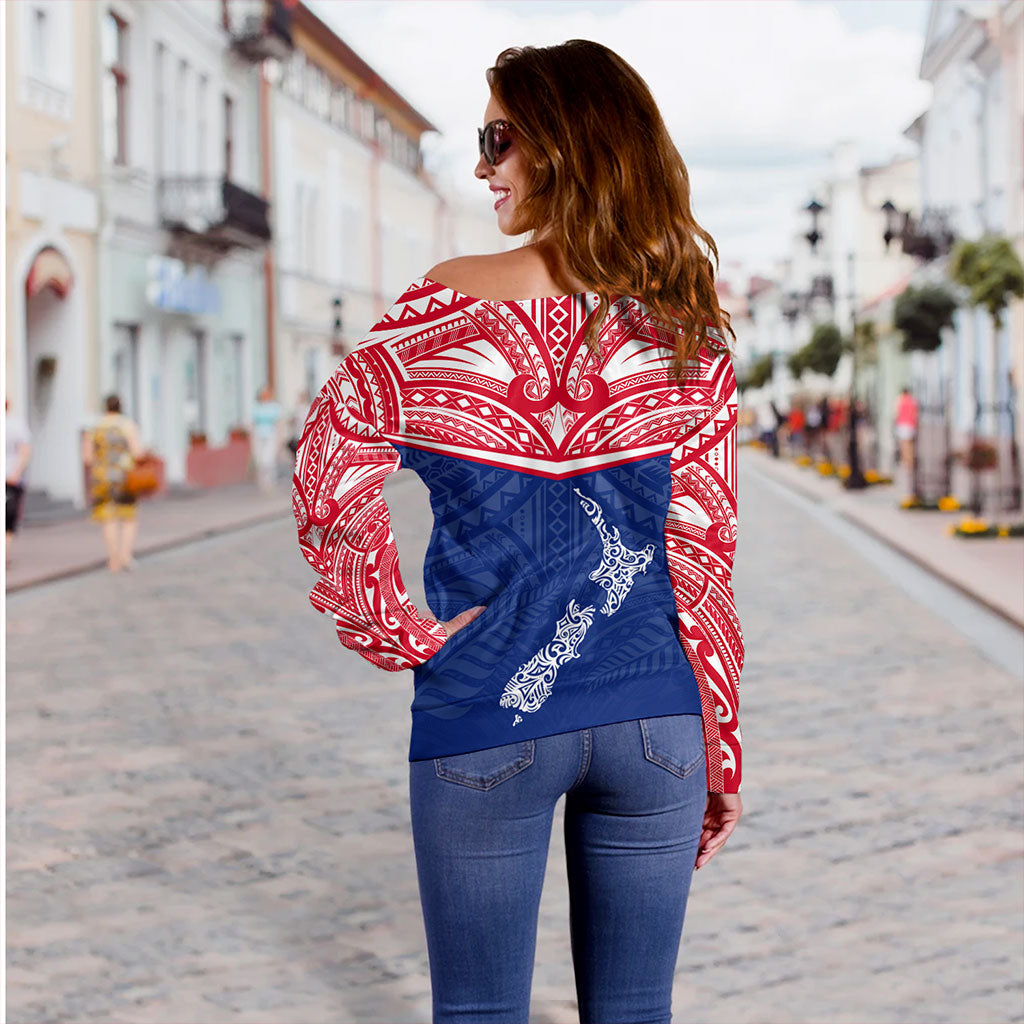 New Zealand Off Shoulder Sweatshirt Flag With Map And Maori Pattern