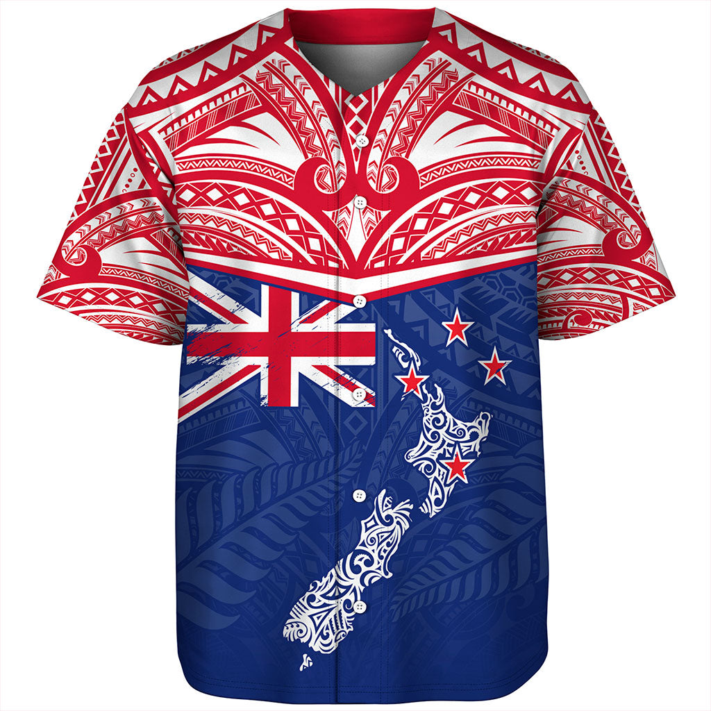 New Zealand Baseball Shirt Flag With Map And Maori Pattern