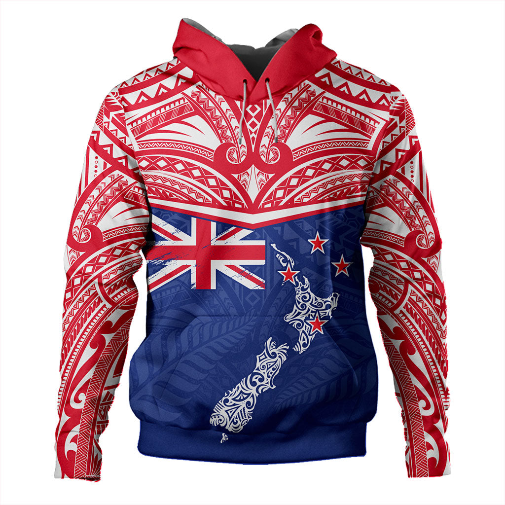 New Zealand Hoodie Flag With Map And Maori Pattern