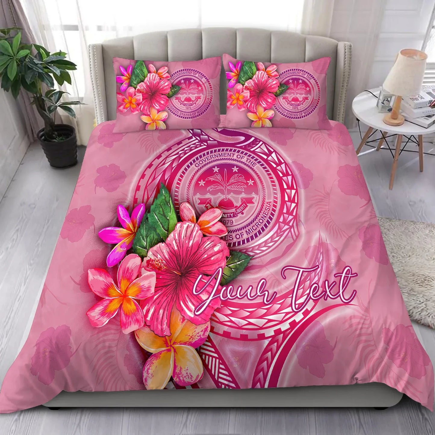 FSM Polynesian Custom Personalised Bedding Set - Floral With Seal Pink