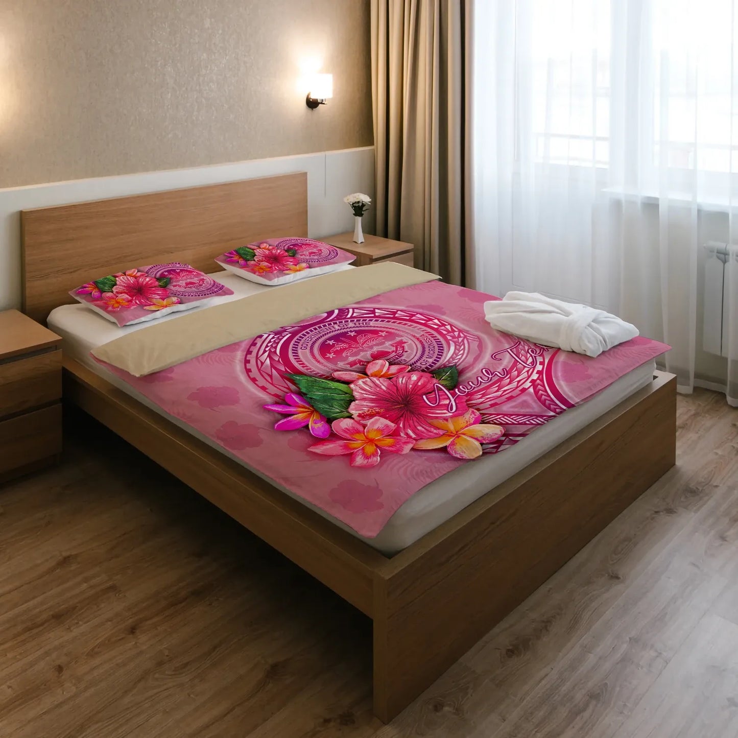FSM Polynesian Custom Personalised Bedding Set - Floral With Seal Pink