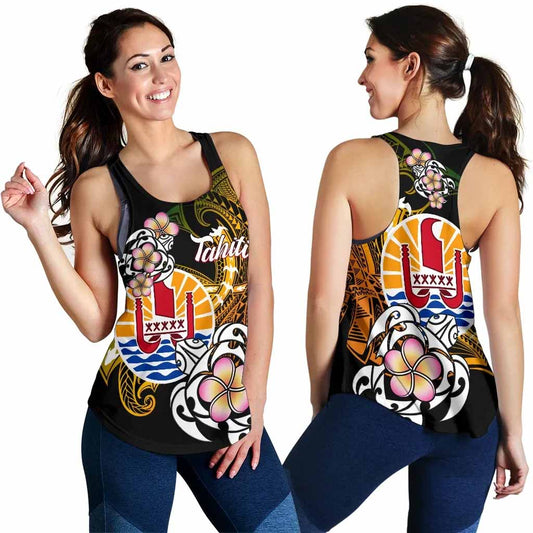 French Polynesia Tahiti Women Racerback Tank - Tahiti Of Seal Turtle With Plumeria