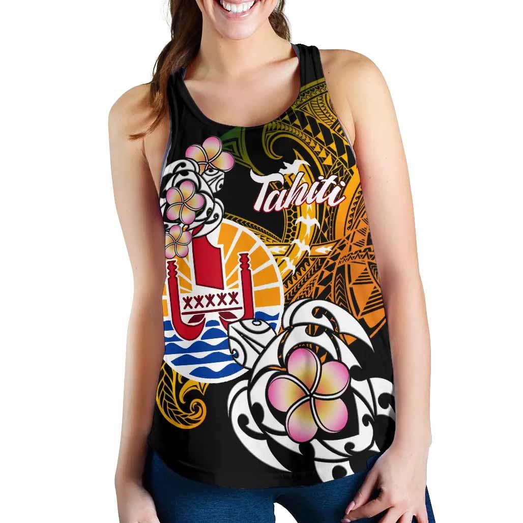 French Polynesia Tahiti Women Racerback Tank - Tahiti Of Seal Turtle With Plumeria