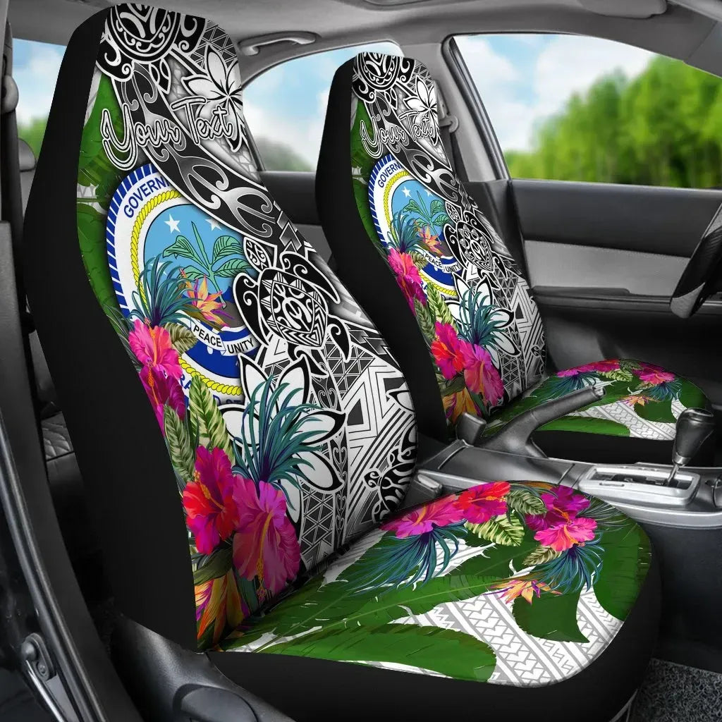 FSM Custom Personalised Car Seat Covers White - Turtle Plumeria Banana Leaf
