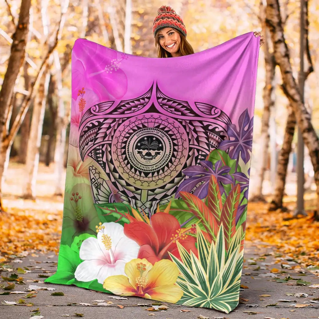 Fsm Polynesian Premium Blanket - Manta Ray Tropical Flowers