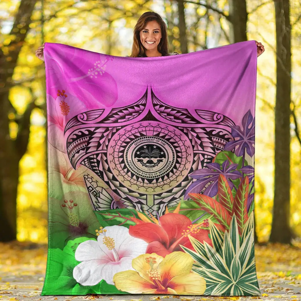Fsm Polynesian Premium Blanket - Manta Ray Tropical Flowers