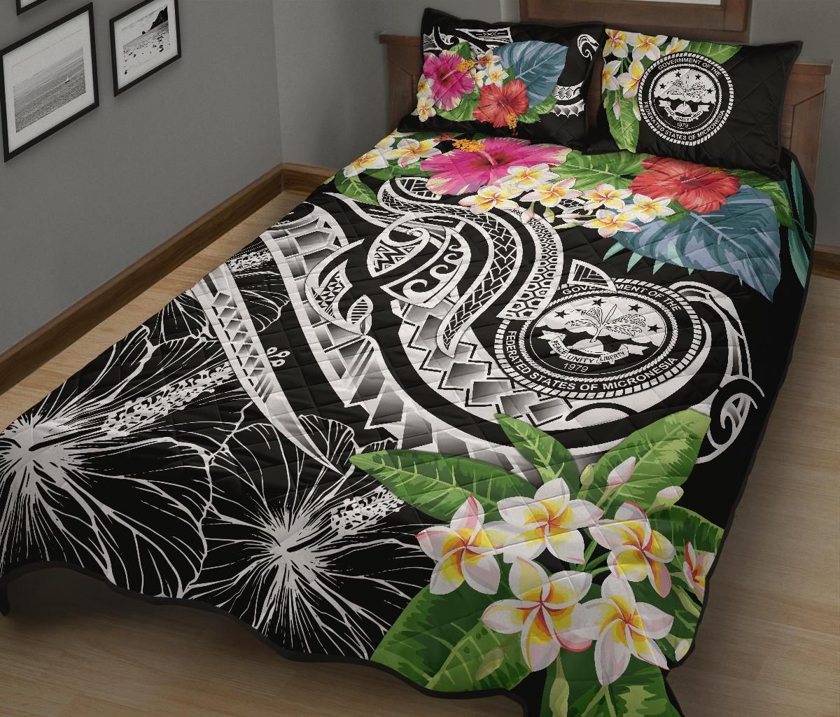 FSM Polynesian Quilt Bed Set - Summer Plumeria (Black)