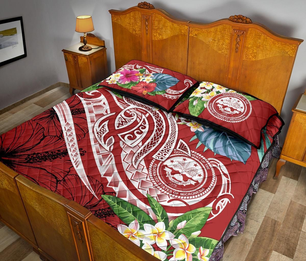 FSM Polynesian Quilt Bed Set - Summer Plumeria (Red)