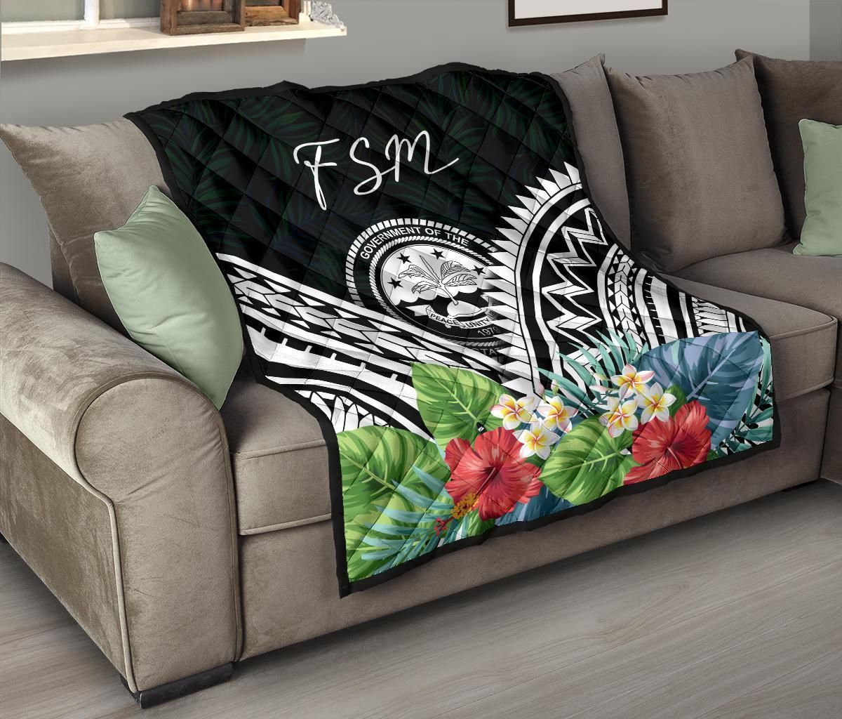 FSM Premium Quilt - FSM Coat of Arms & Polynesian Tropical Flowers White