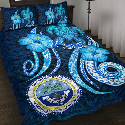 FSM Quilt Bed Set - Turtle and Tribal Tattoo Of Polynesian