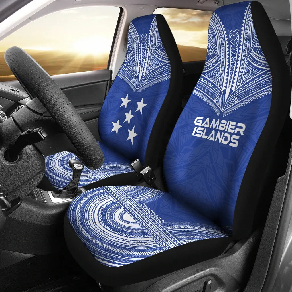 Gambier Islands Car Seat Cover - Gambier Islands Flag Polynesian Chief Tattoo Blue Version