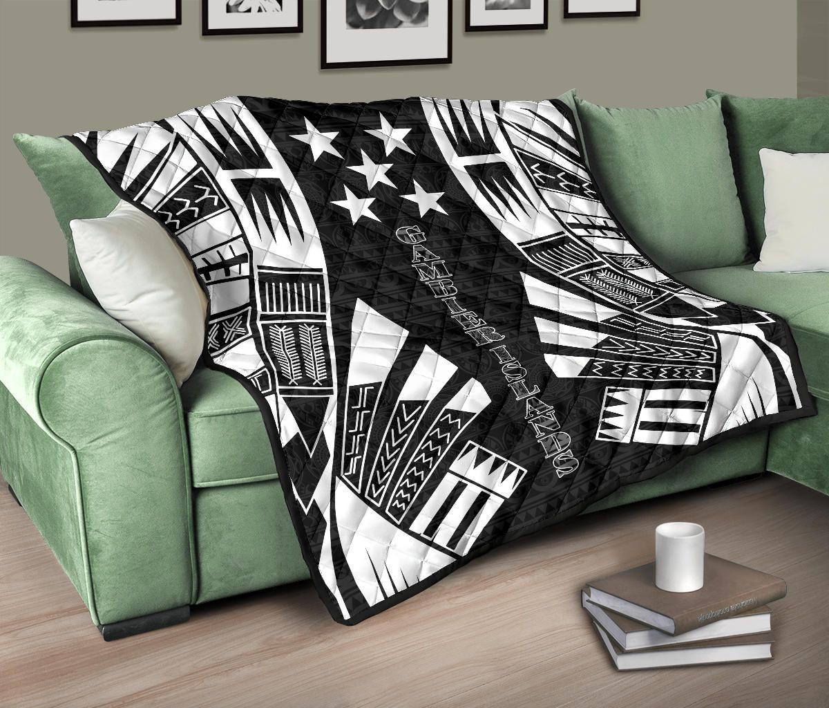 Gambier Islands Premium Quilt - Gambier Islands Flag Polynesian White Tattoo (Black)