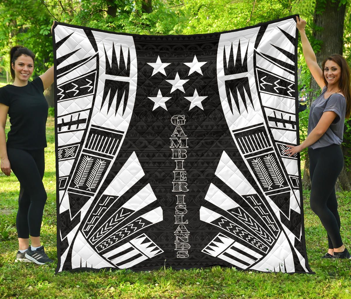 Gambier Islands Premium Quilt - Gambier Islands Flag Polynesian White Tattoo (Black)