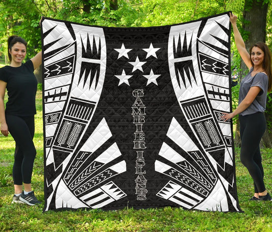 Gambier Islands Premium Quilt - Gambier Islands Flag Polynesian White Tattoo (Black)