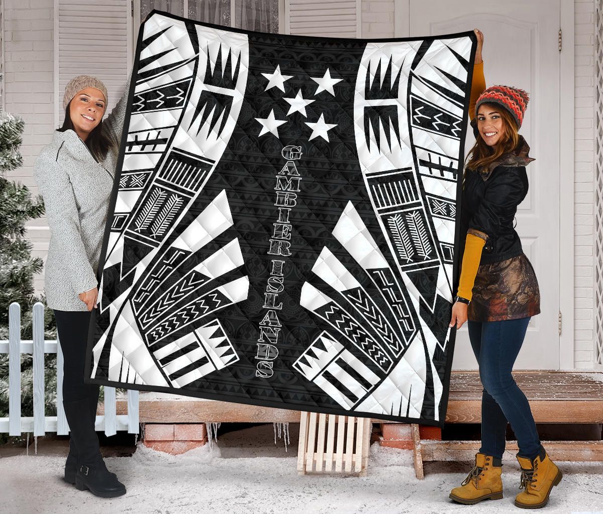 Gambier Islands Premium Quilt - Gambier Islands Flag Polynesian White Tattoo (Black)