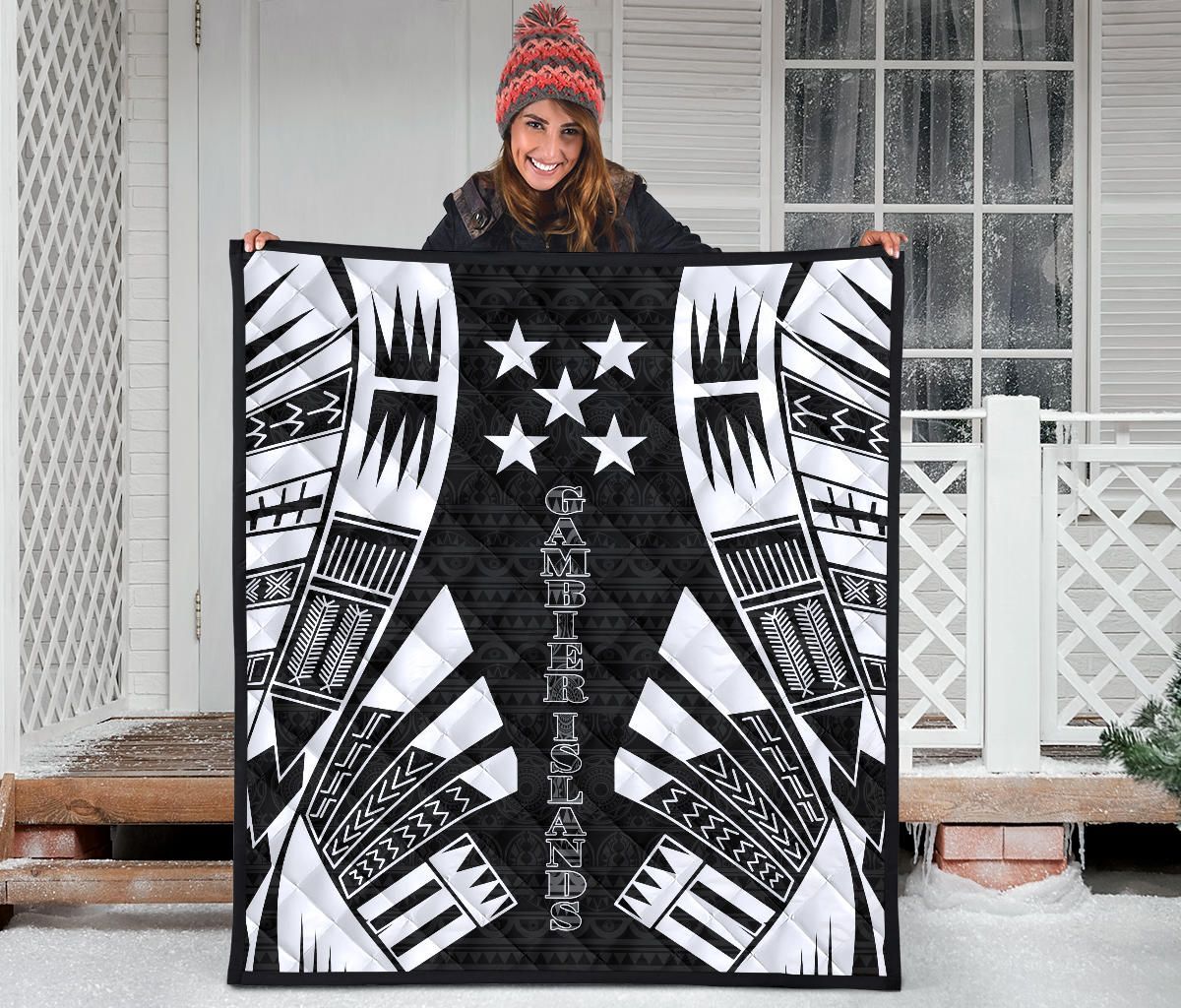 Gambier Islands Premium Quilt - Gambier Islands Flag Polynesian White Tattoo (Black)