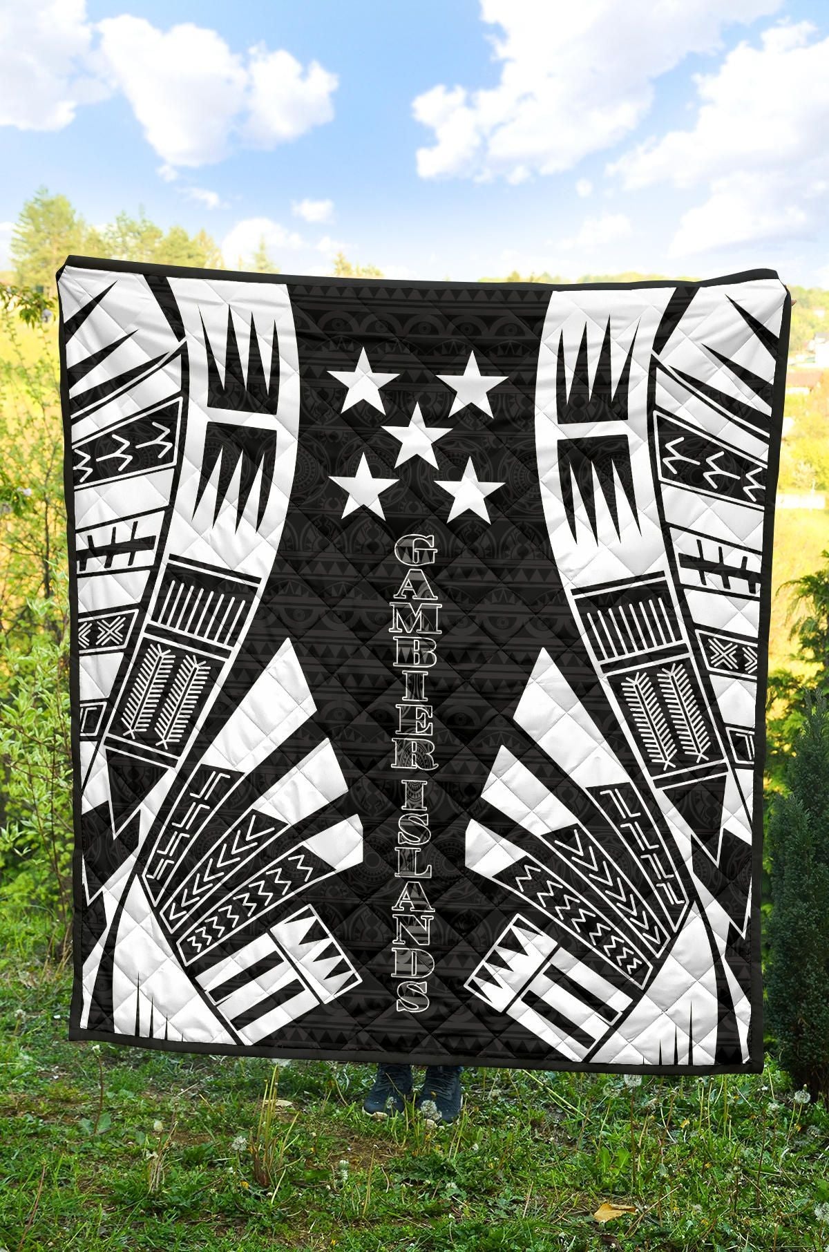 Gambier Islands Premium Quilt - Gambier Islands Flag Polynesian White Tattoo (Black)