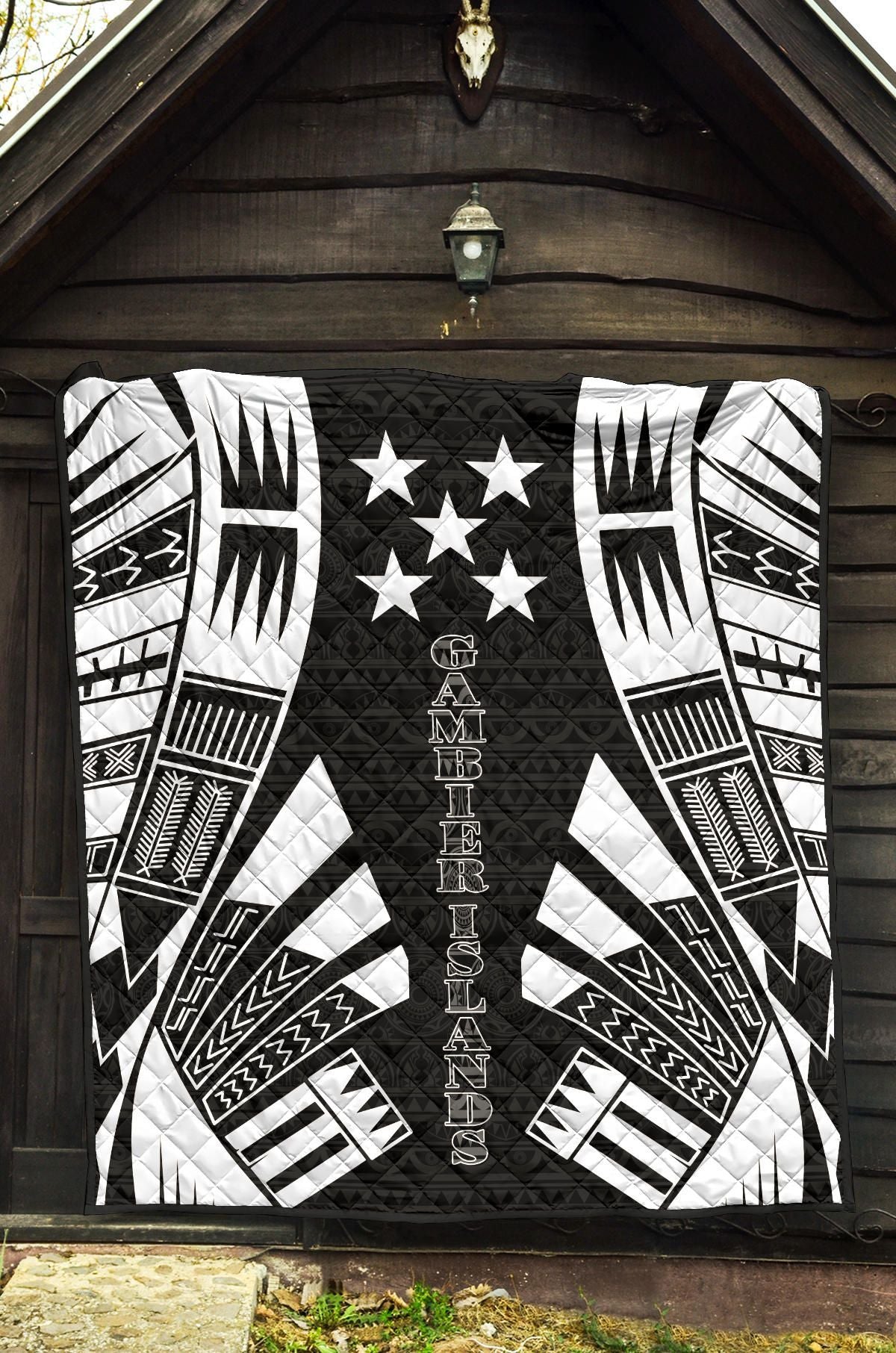 Gambier Islands Premium Quilt - Gambier Islands Flag Polynesian White Tattoo (Black)