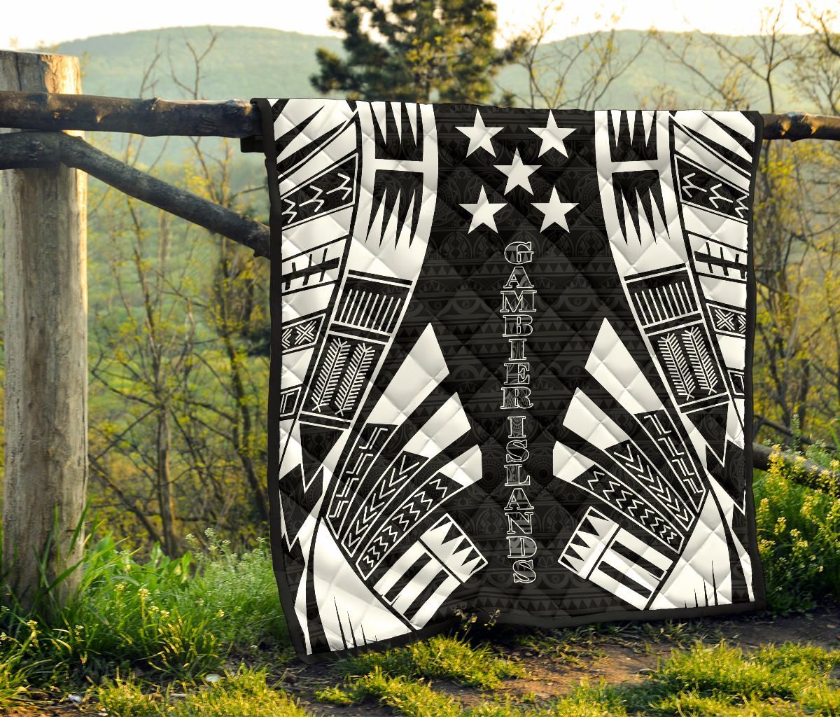 Gambier Islands Premium Quilt - Gambier Islands Flag Polynesian White Tattoo (Black)