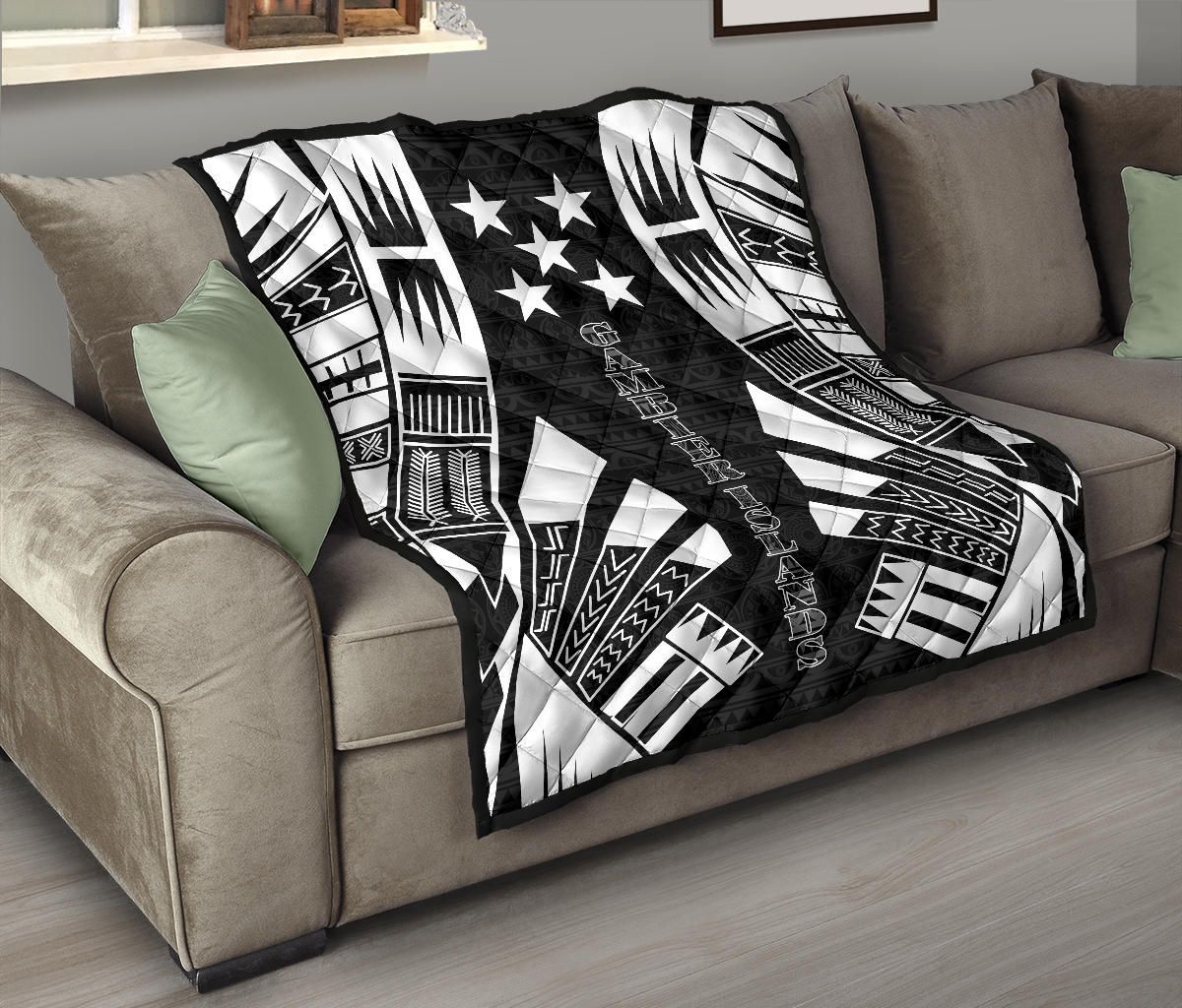Gambier Islands Premium Quilt - Gambier Islands Flag Polynesian White Tattoo (Black)