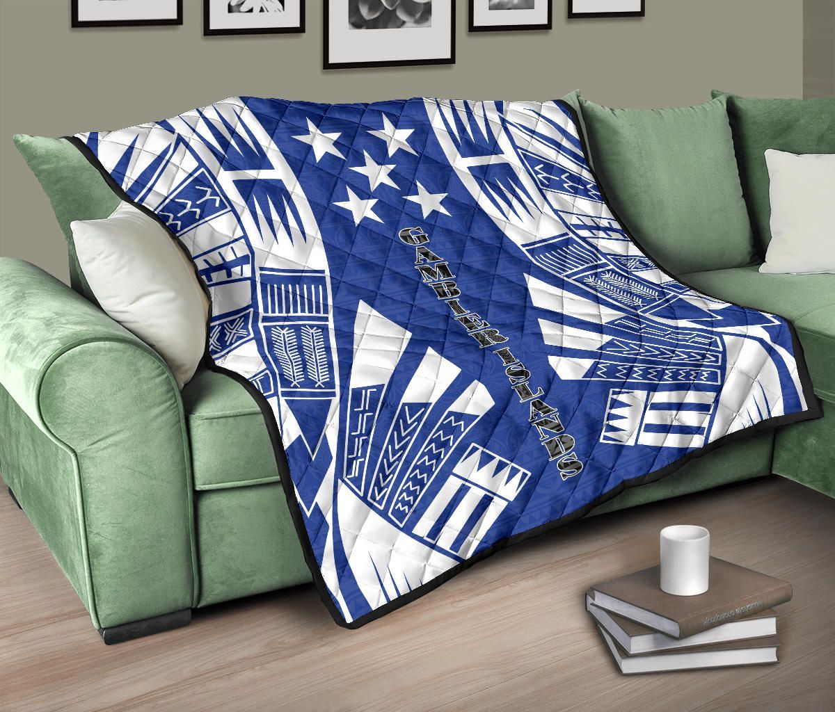 Gambier Islands Premium Quilt - Gambier Islands Flag Polynesian White Tattoo (Blue)
