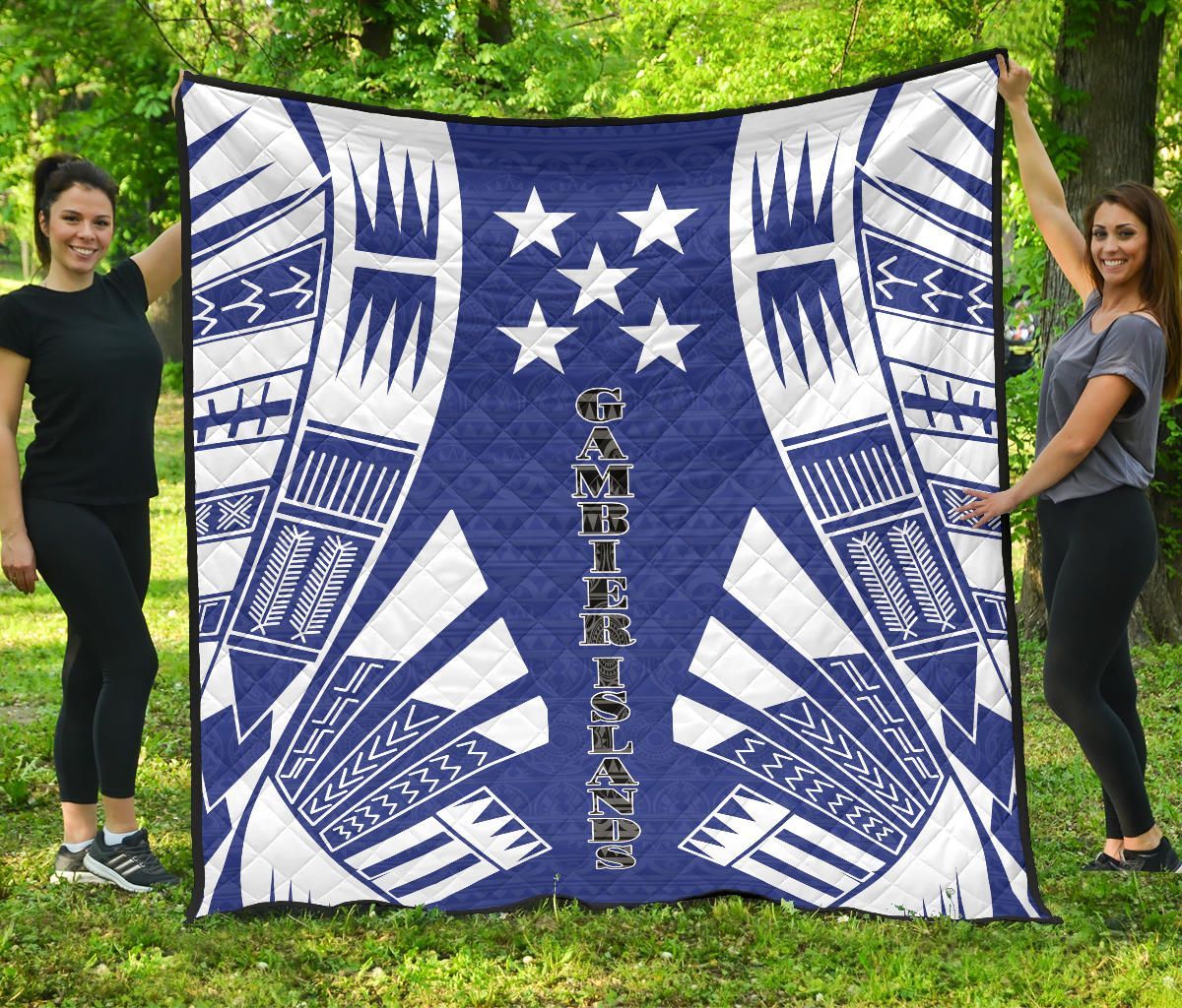 Gambier Islands Premium Quilt - Gambier Islands Flag Polynesian White Tattoo (Blue)