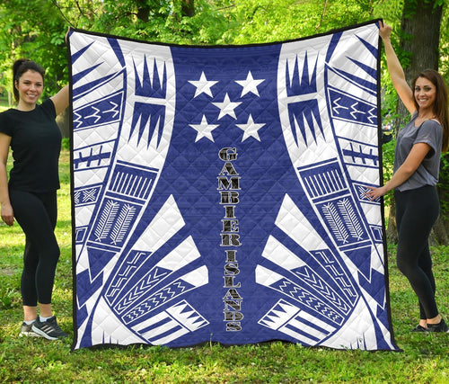 Gambier Islands Premium Quilt - Gambier Islands Flag Polynesian White Tattoo (Blue)