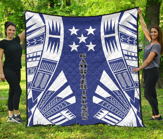 Gambier Islands Premium Quilt - Gambier Islands Flag Polynesian White Tattoo (Blue)