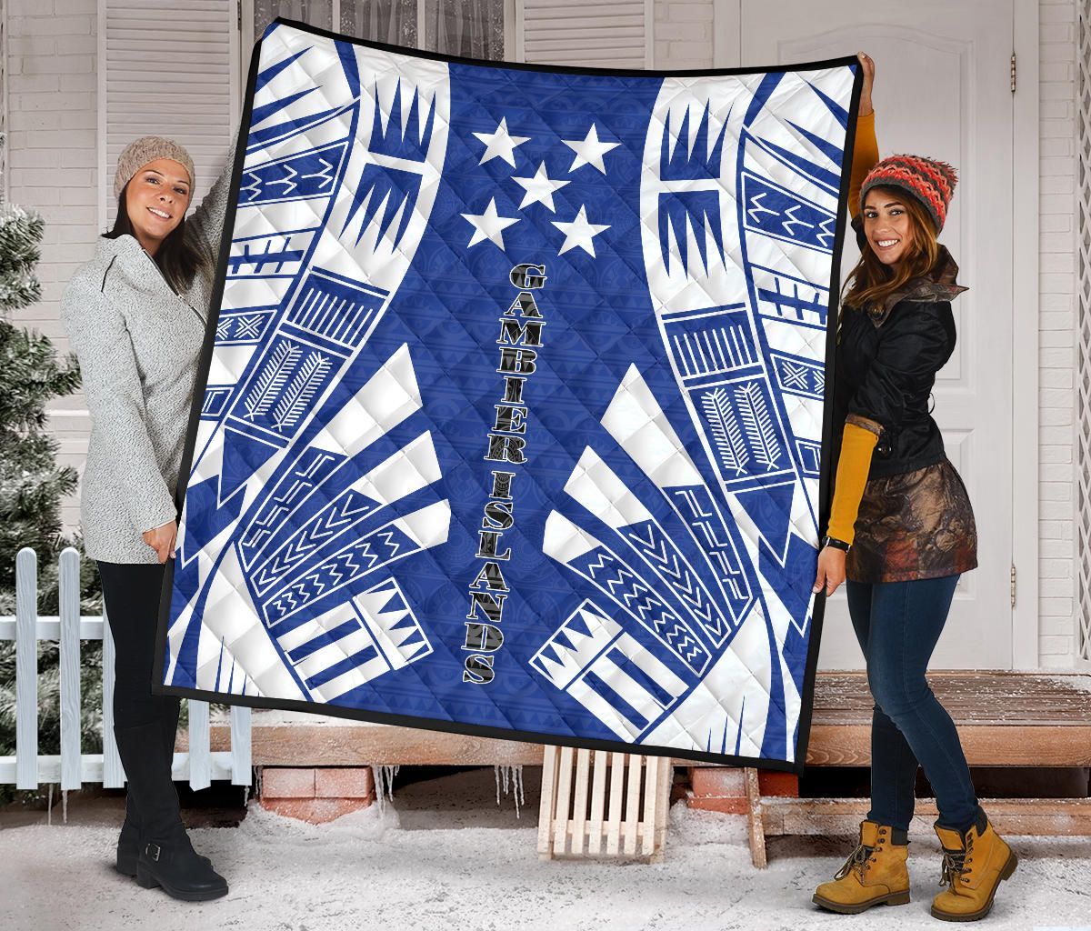 Gambier Islands Premium Quilt - Gambier Islands Flag Polynesian White Tattoo (Blue)