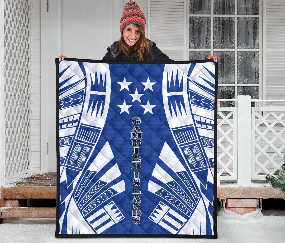 Gambier Islands Premium Quilt - Gambier Islands Flag Polynesian White Tattoo (Blue)
