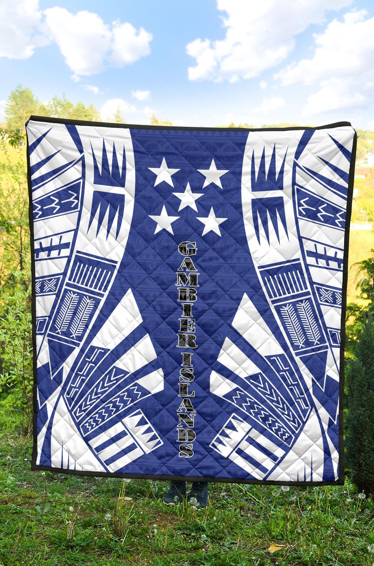 Gambier Islands Premium Quilt - Gambier Islands Flag Polynesian White Tattoo (Blue)