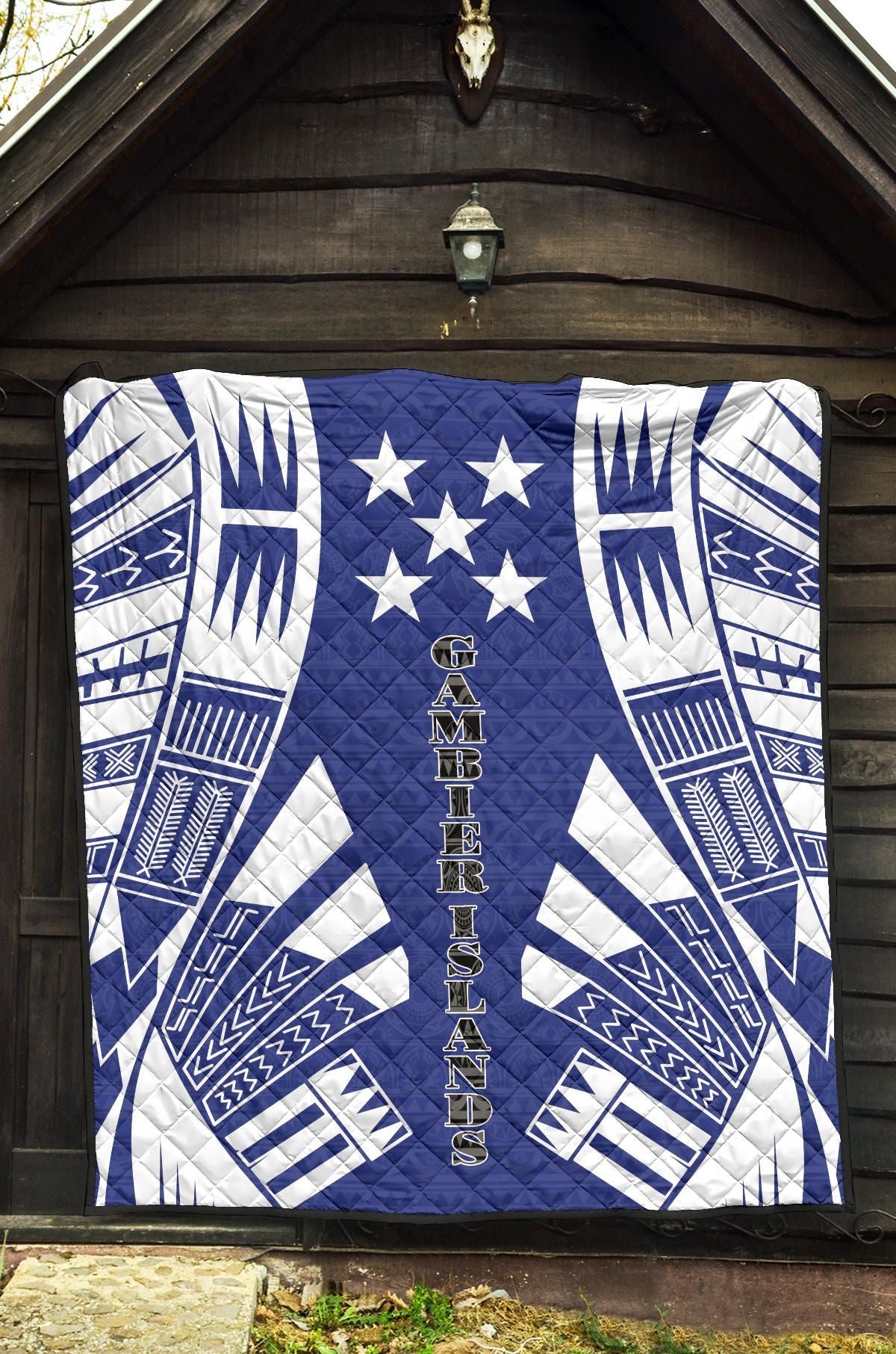 Gambier Islands Premium Quilt - Gambier Islands Flag Polynesian White Tattoo (Blue)